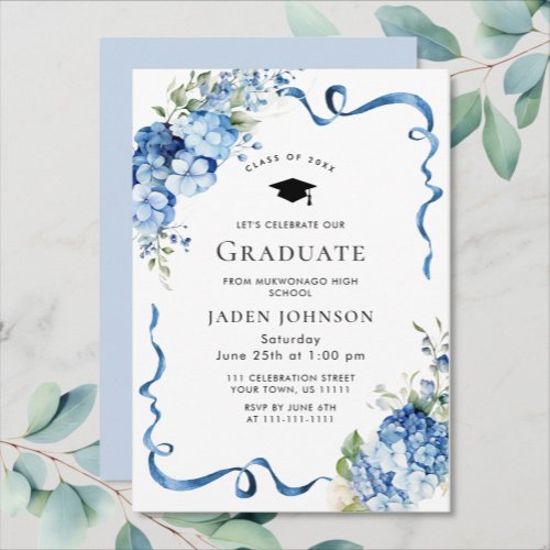Elegant Blue Hydrangea Bow Ribbon Graduation Party