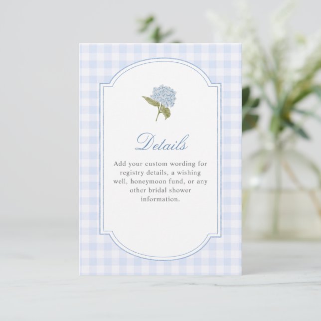 Elegant Blue Hydrangea Bridal Shower Details Enclosure Card (Standing Front)