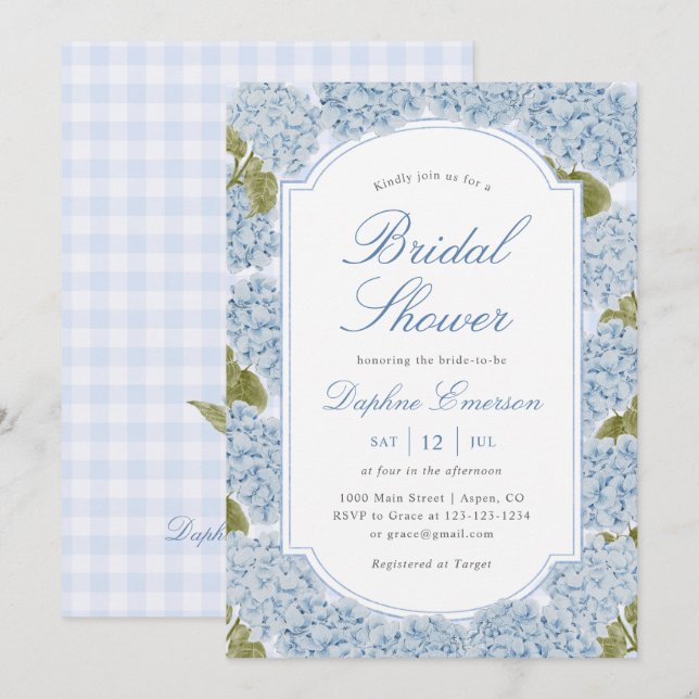 Elegant Blue Hydrangea Bridal Shower Invitation (Front/Back)