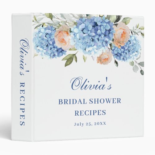 Elegant Blue Hydrangea Bridal Shower Recipe 3 Ring Binder