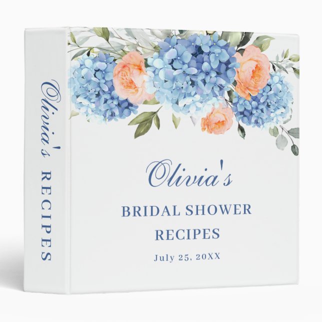 Elegant Blue Hydrangea Bridal Shower Recipe 3 Ring Binder (Front/Spine)