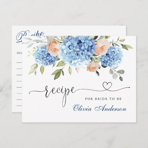 Elegant Blue Hydrangea Bridal Shower Recipe Card