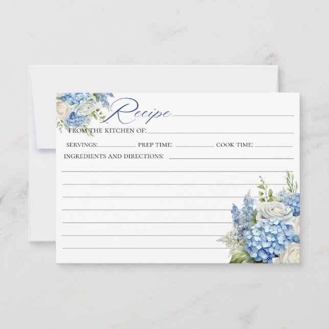 Elegant Blue Hydrangea Bridal Shower Recipe Card (Front)
