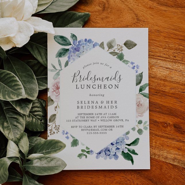 Elegant Blue Hydrangea Bridesmaids Luncheon Invitation
