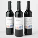 Elegant Blue Hydrangea Cheers Wedding Wine Labels<br><div class="desc">These elegant blue hydrangea cheers wedding wine labels are perfect for a spring or summer wedding reception. The classic floral design features soft powder blue watercolor hydrangeas accented with neutral blush pink flowers and green leaves. Personalize the wine bottle stickers with the names and date. These labels can be used...</div>