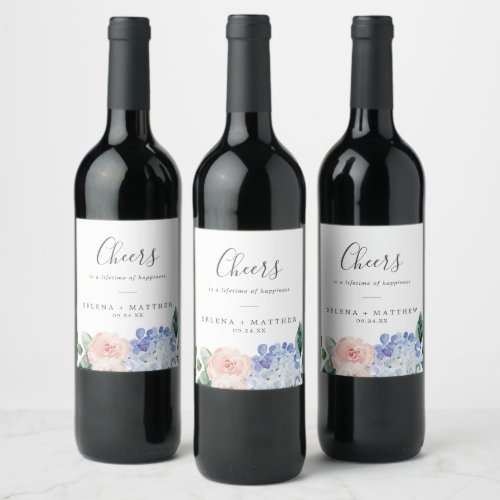 Elegant Blue Hydrangea Cheers Wedding Wine Labels