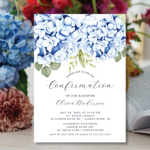 Elegant Blue Hydrangea Confermation Invitation