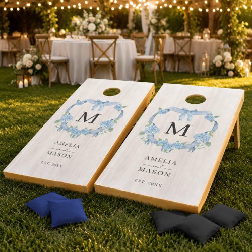 Elegant Blue Hydrangea Crest Wedding Monogram Cornhole Set