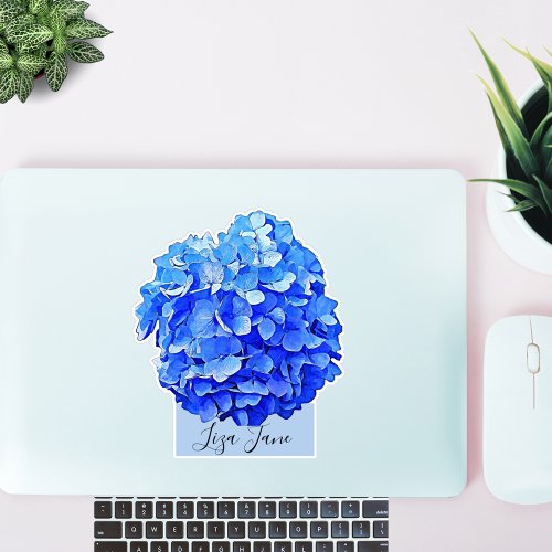 Elegant Blue Hydrangea Custom Name Sticker