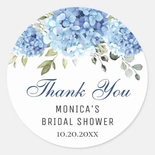 Elegant Blue Hydrangea Eucalyptus Bridal Shower Classic Round Sticker
