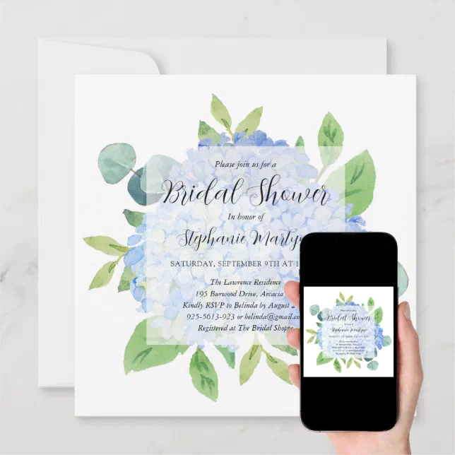Elegant Blue Hydrangea Eucalyptus Bridal Shower Invitation Zazzle