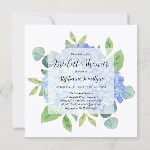 Elegant Blue Hydrangea Eucalyptus Bridal Shower Invitation