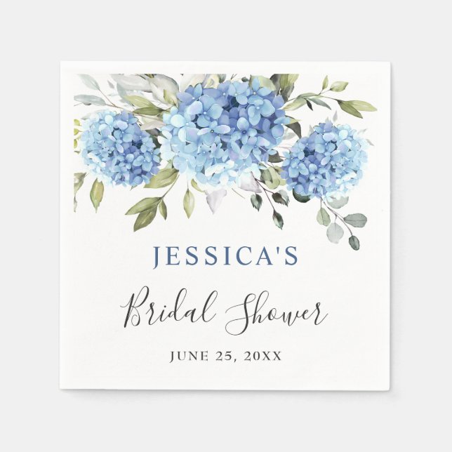 Elegant Blue Hydrangea Eucalyptus Bridal Shower Napkins (Front)