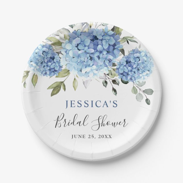 Elegant Blue Hydrangea Eucalyptus Bridal Shower Paper Plates (Front)