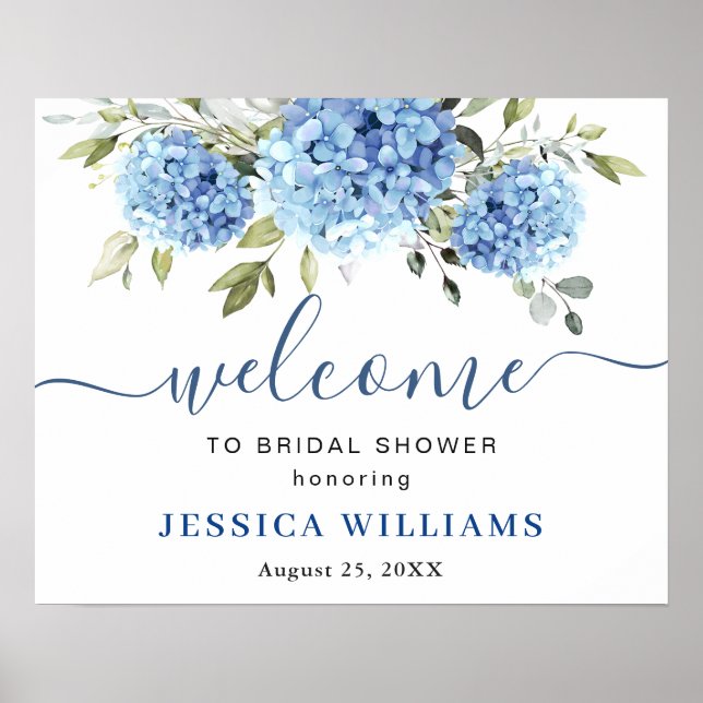Elegant Blue Hydrangea Eucalyptus Bridal Shower Poster (Front)