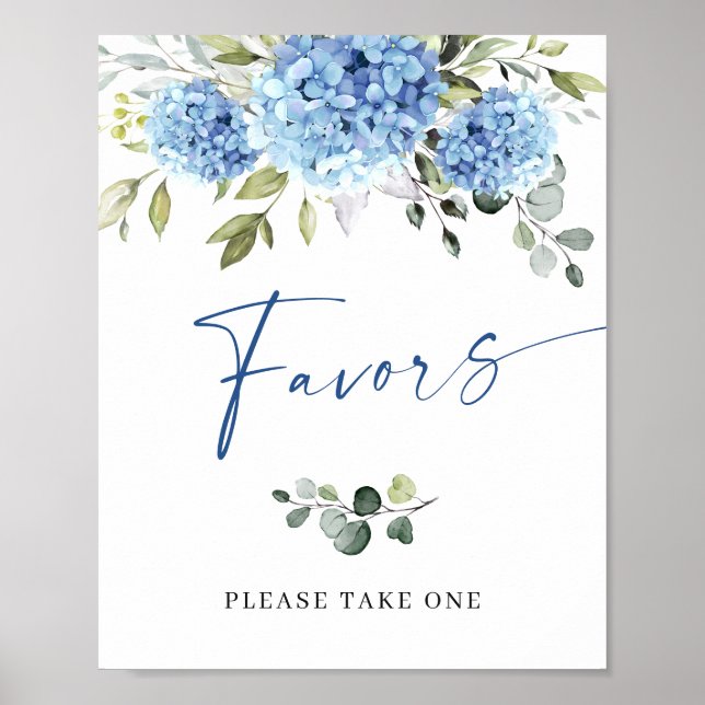Elegant Blue Hydrangea Eucalyptus Favors Sign (Front)