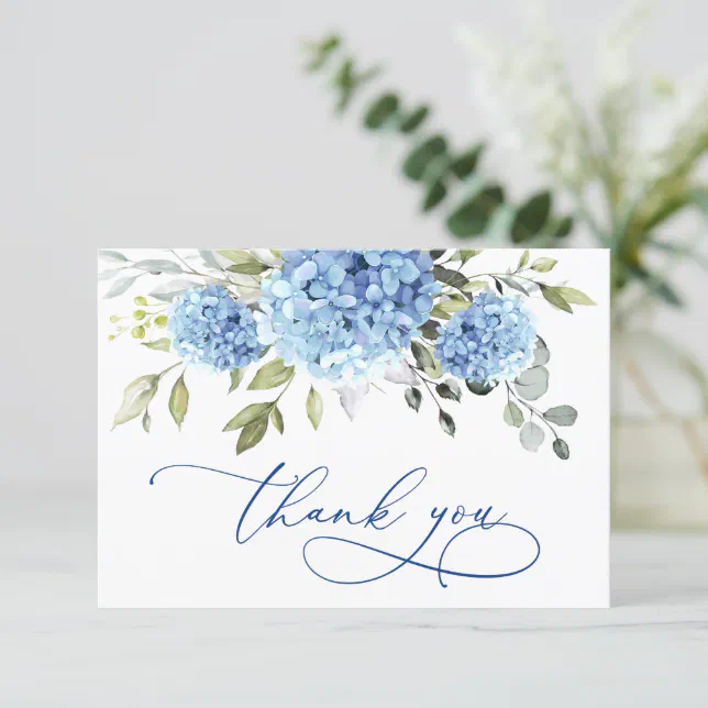 Elegant Blue Hydrangea Eucalyptus Flowers Simple Thank You Card | Zazzle