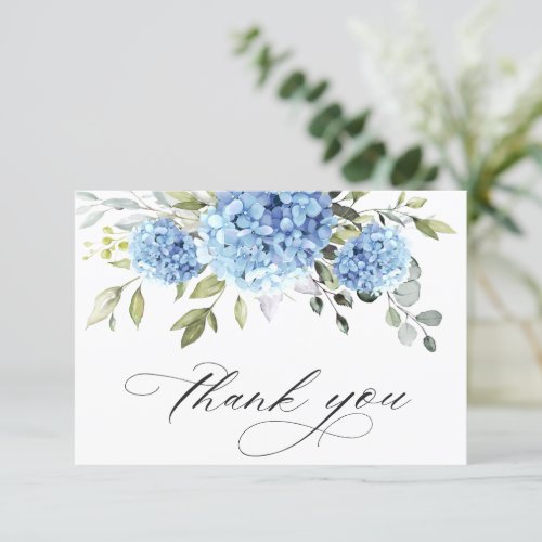 Elegant Blue Hydrangea Eucalyptus  Flowers Simple  Thank You Card