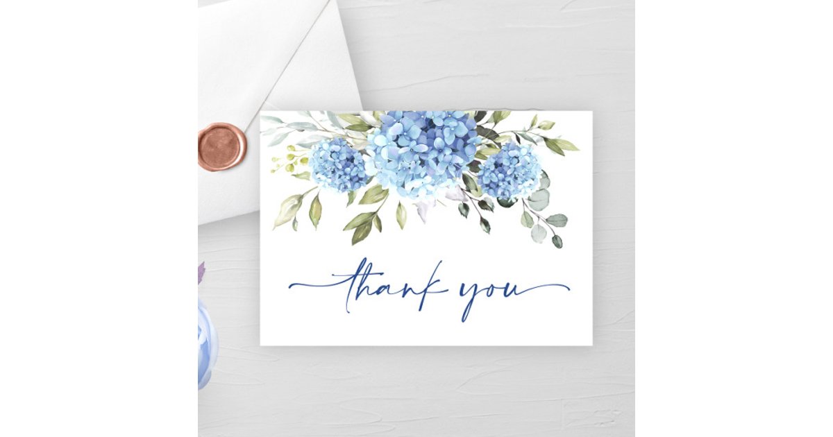 Elegant Blue Hydrangea Eucalyptus Flowers Simple Thank You Card | Zazzle