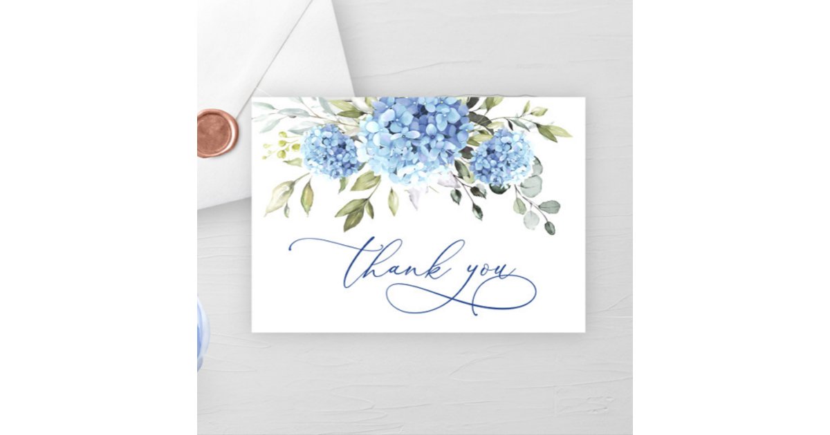 Elegant Blue Hydrangea Eucalyptus Flowers Simple Thank You Card | Zazzle
