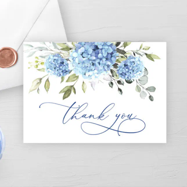 Elegant Blue Hydrangea Eucalyptus Flowers Simple Thank You Card | Zazzle