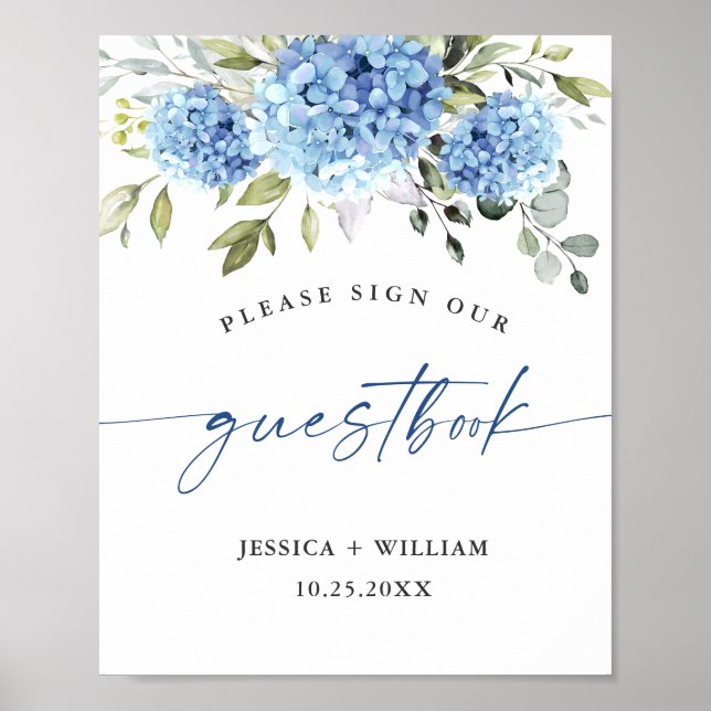 Elegant Blue Hydrangea Eucalyptus Guestbook Sign (Front)