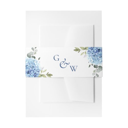 Elegant Blue Hydrangea Eucalyptus Monogram Wedding Invitation Belly Band