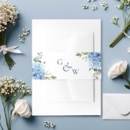 Elegant Blue Hydrangea Eucalyptus Monogram Wedding Invitation Belly Band