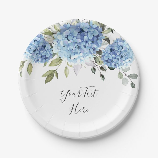 Elegant Blue Hydrangea Eucalyptus Party Paper Plates (Front)