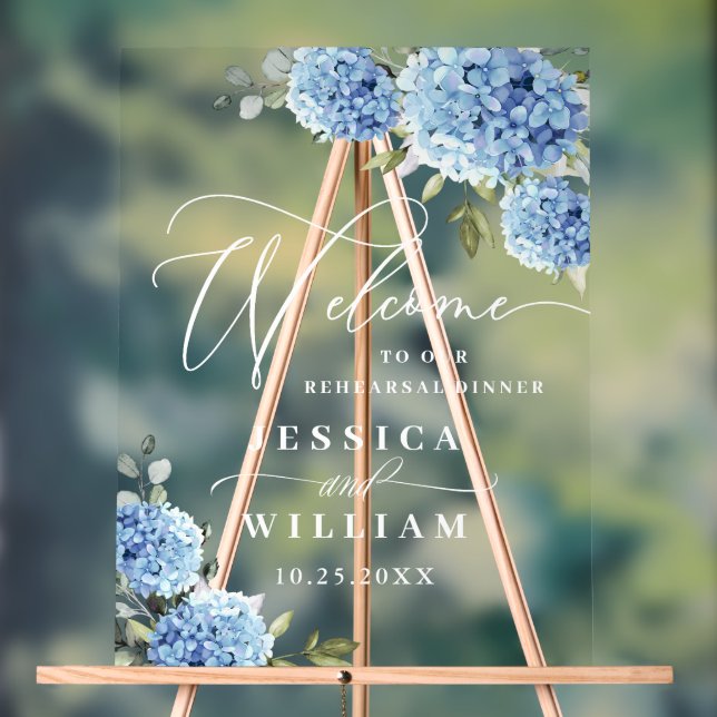 Elegant Blue Hydrangea Eucalyptus REHEARSAL DINNER Acrylic Sign (Neutral)
