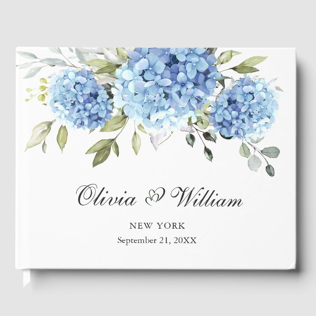 Elegant Blue Hydrangea Eucalyptus Wedding Guest Book (Front)