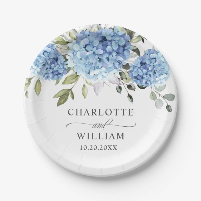 Elegant Blue Hydrangea Eucalyptus Wedding Paper Plates (Front)