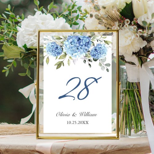 Elegant Blue Hydrangea Eucalyptus Wedding Table Number