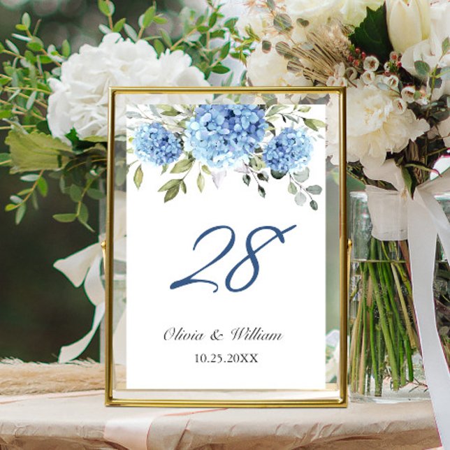 Elegant Blue Hydrangea Eucalyptus Wedding Table Number (Creator Uploaded)