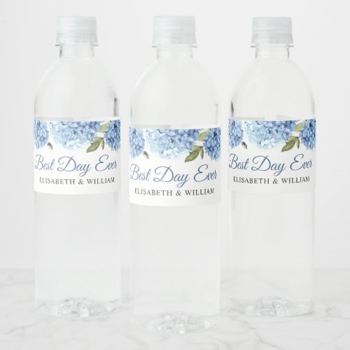 Elegant Blue Hydrangea Eucalyptus Wedding Water Bottle Label