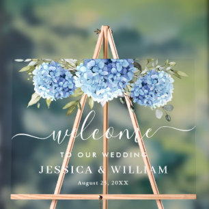 Elegant Blue Hydrangea Eucalyptus WEDDING Welcome Acrylic Sign