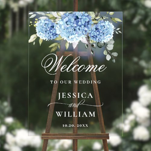 Elegant Blue Hydrangea Eucalyptus WEDDING Welcome Acrylic Sign