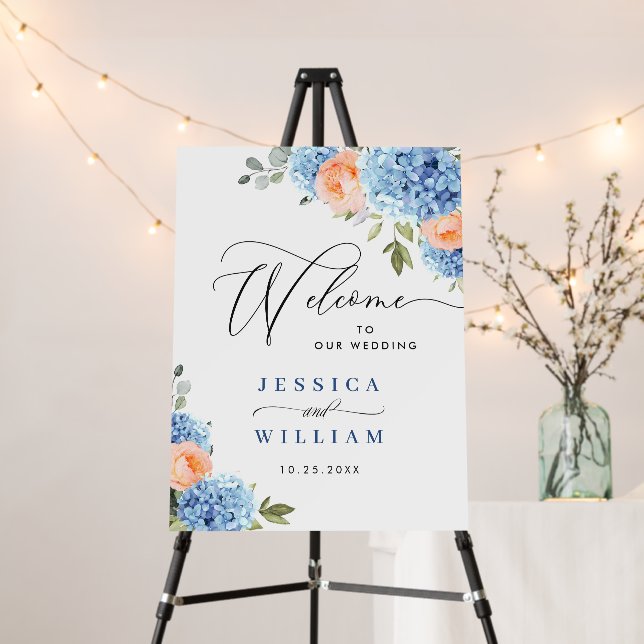 Elegant Blue Hydrangea Eucalyptus WEDDING Welcome Foam Board (In Situ (Stand))