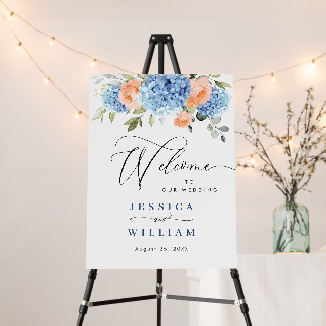 Elegant Blue Hydrangea Eucalyptus WEDDING Welcome Foam Board (In Situ (Stand))