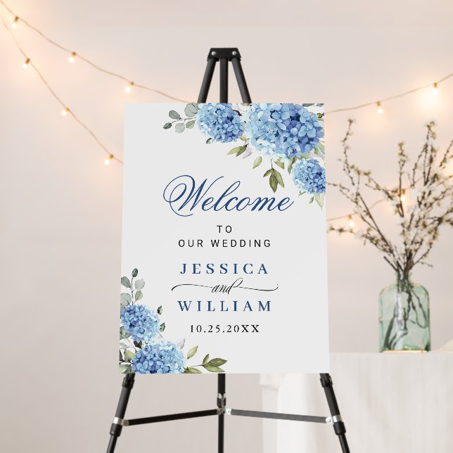 Elegant Blue Hydrangea Eucalyptus WEDDING Welcome Foam Board (In Situ (Stand))