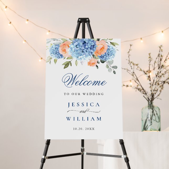 Elegant Blue Hydrangea Eucalyptus WEDDING Welcome Foam Board (In Situ (Stand))