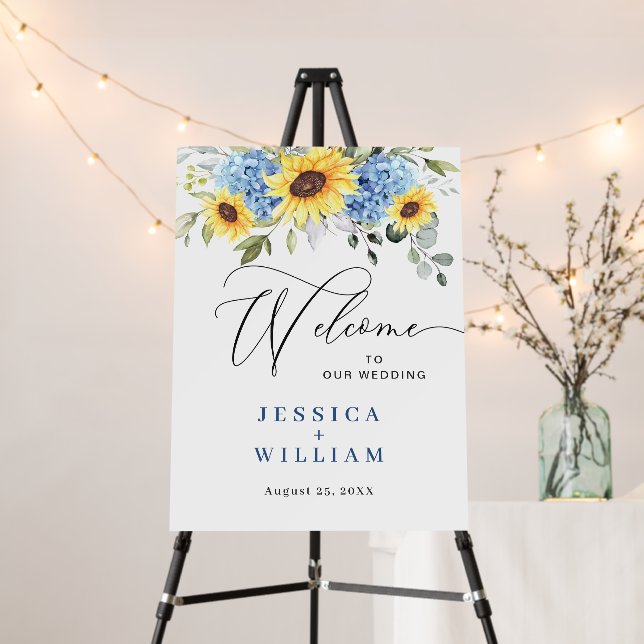 Elegant Blue Hydrangea Eucalyptus WEDDING Welcome Foam Board (In Situ (Stand))