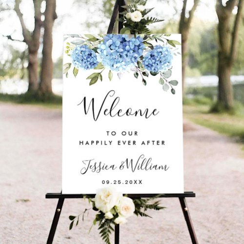 Elegant Blue Hydrangea Eucalyptus Wedding Welcome Poster