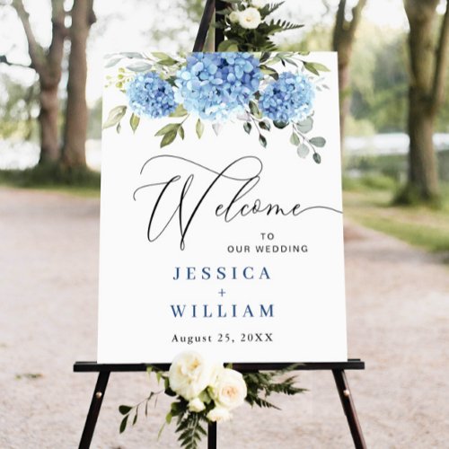 Elegant Blue Hydrangea Eucalyptus Wedding Welcome Poster