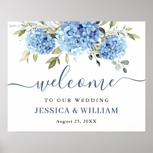 Elegant Blue Hydrangea Eucalyptus Wedding Welcome Poster