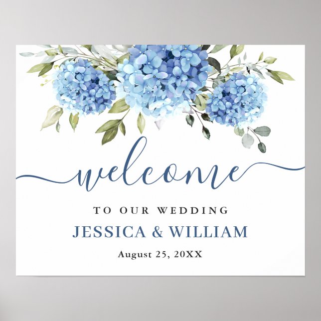 Elegant Blue Hydrangea Eucalyptus Wedding Welcome Poster (Front)