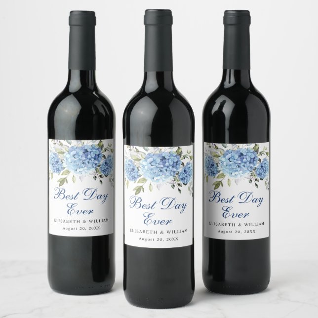 Elegant Blue Hydrangea Eucalyptus Wedding Wine Label (Bottles)