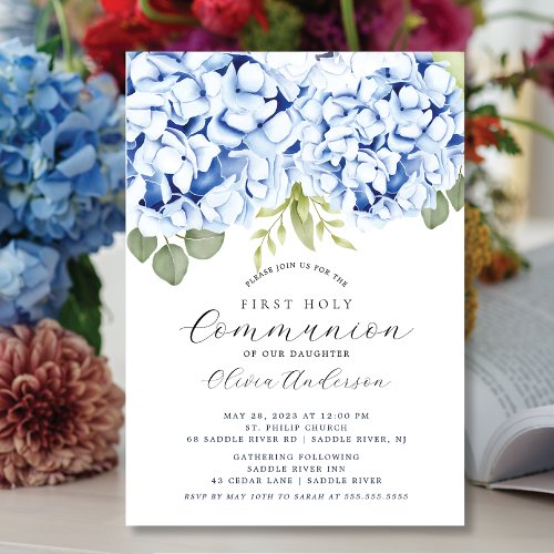 Elegant Blue Hydrangea First Communion Invitation