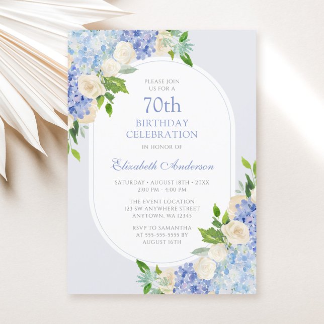 Elegant Blue Hydrangea Floral 70th Birthday Invitation (Creator Uploaded)