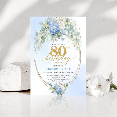 Elegant Blue Hydrangea Floral 80th Birthday Invite